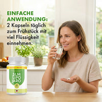 Thumbnail for Frau mit Wasserglas, SLM Lipo Jaro Dose und Text Einfache Anwendung mit 2 Kapseln täglich