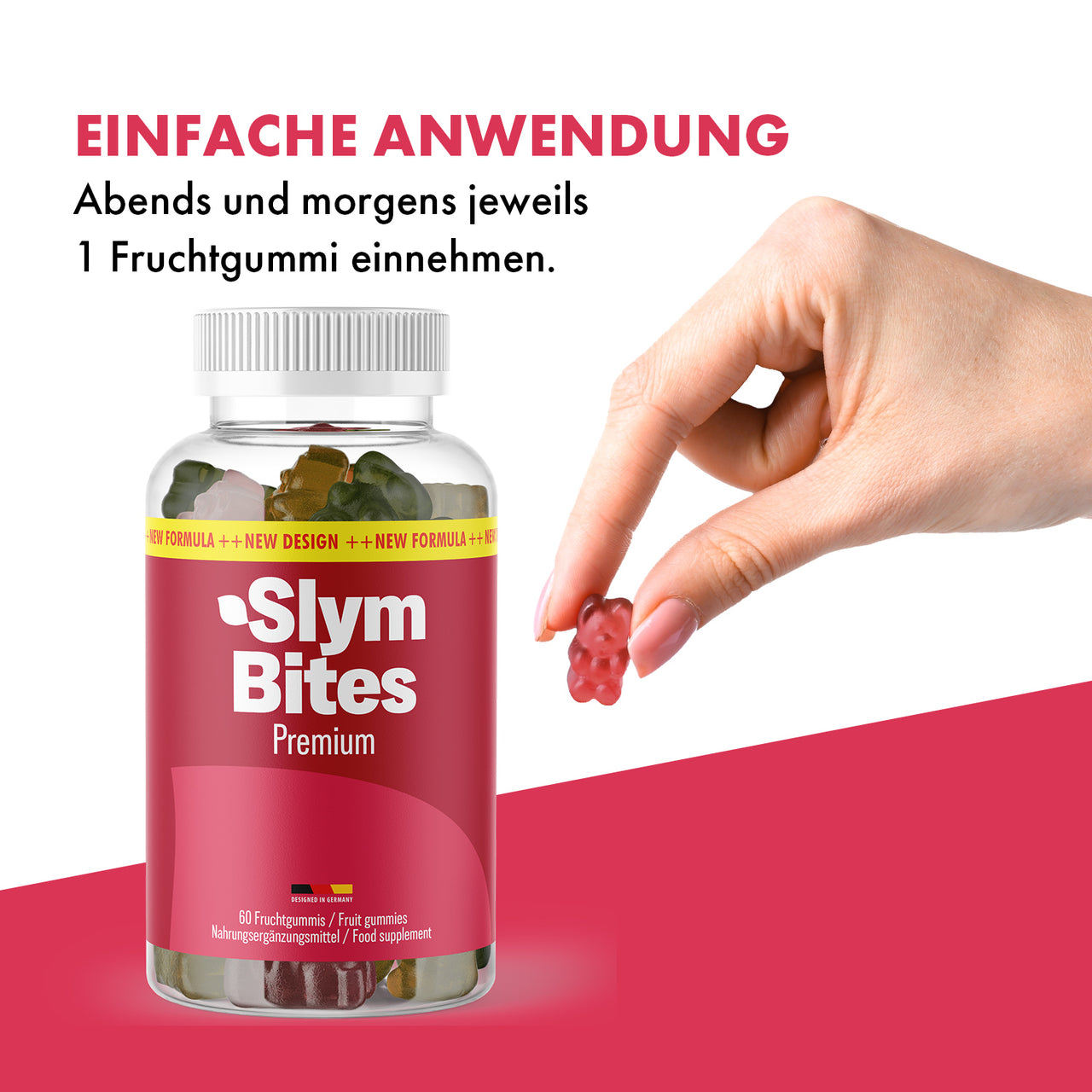 Hand hält rotes Fruchtgummi neben Slym Bites Premium Dose mit 60 Fruchtgummis und Anwendungstext