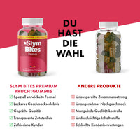 Thumbnail for Slym Bites Premium Dose neben anderer Fruchtgummi-Dose mit Produktvergleich und Bewertungssymbolen