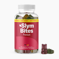 Thumbnail for Glas-Dose Slym Bites Premium mit 60 Fruchtgummis und zwei Gummibärchen daneben rechts 