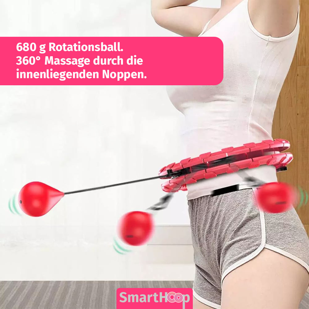 Frau mit Smart Hoop und 680 g Rotationsball, 360° Massage durch innenliegende Noppen beim Training