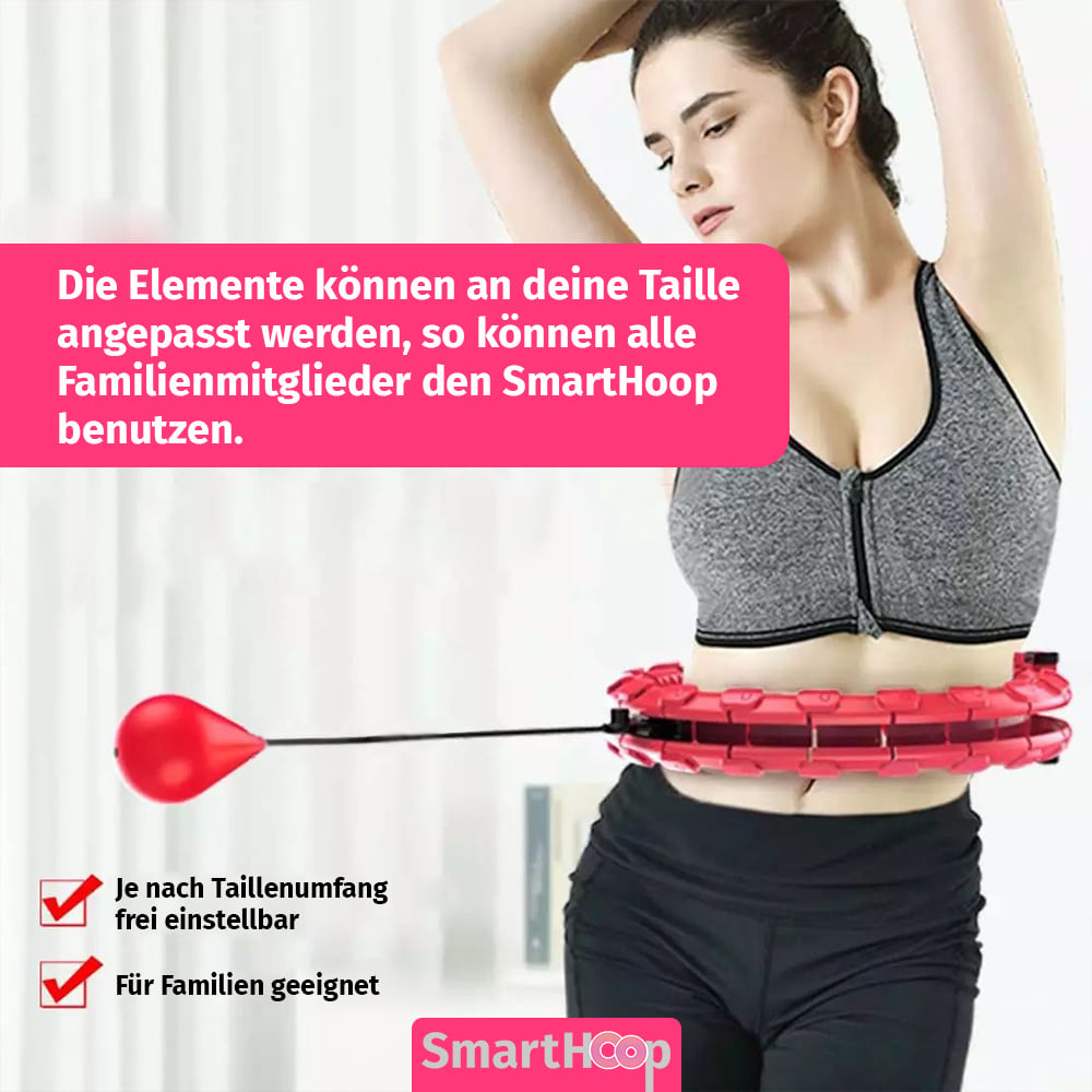 Frau trainiert mit Smart Hoop, anpassbar an Taillenumfang, geeignet für alle Familienmitglieder
