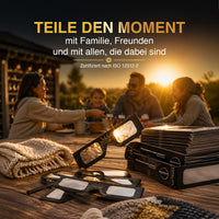 Thumbnail for Familie am Tisch bei Sonnenuntergang mit schwarzen Schutzbrillen und Text Teile den Moment