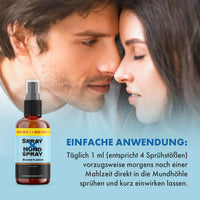 Thumbnail for Paar mit geschlossenen Augen, Mundspray links unten; Text zur Anwendung: 1 ml täglich, 4 Sprühstöße
