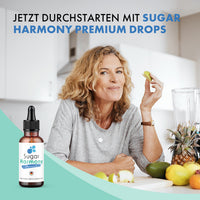 Thumbnail for Sugar Harmony Premium Drops Dose neben Frau mit Apfelstück und Obstschale in heller Küche