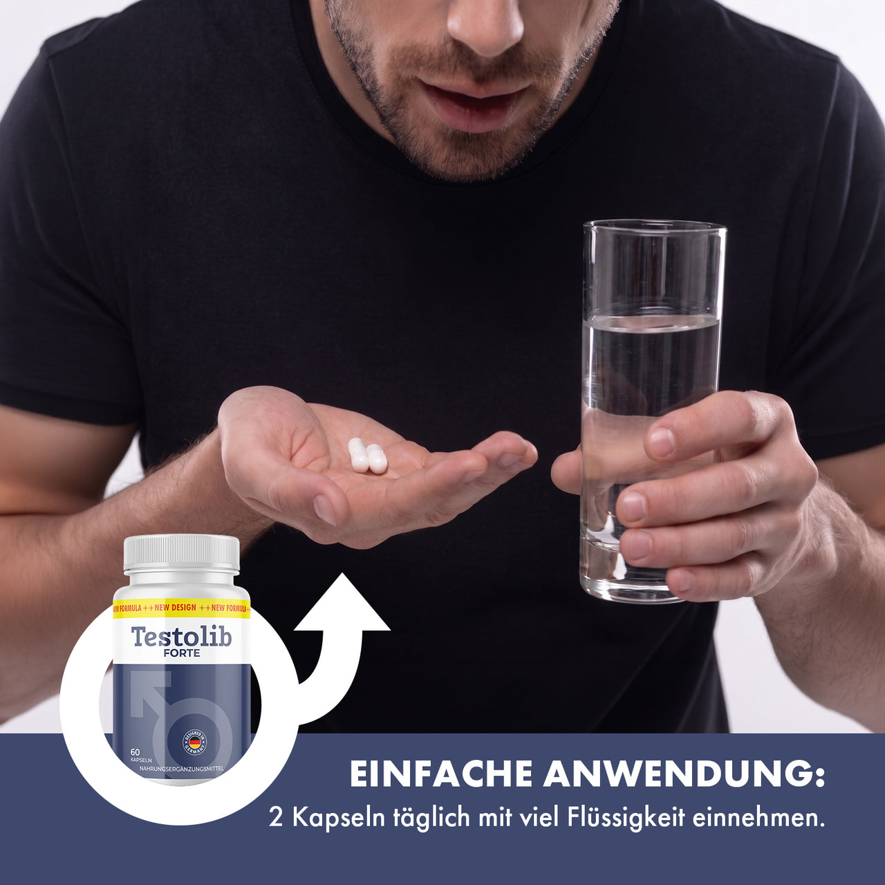 Anwendungshinweis für Testolib Forte: täglich zwei Kapseln mit viel Flüssigkeit einzunehmen