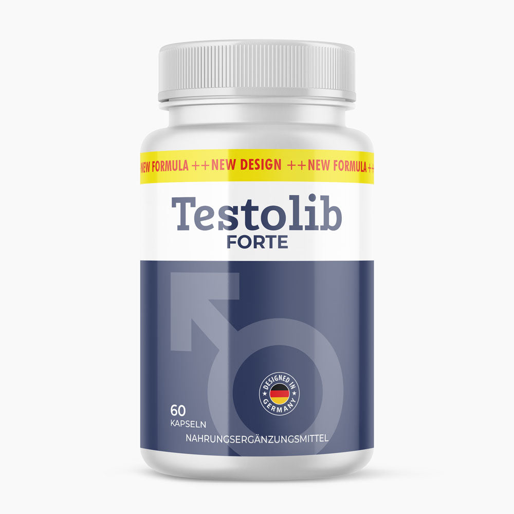 Weiße Dose Testolib Forte Nahrungsergänzungsmittel mit blauem Etikett und insgesamt 60 Kapseln