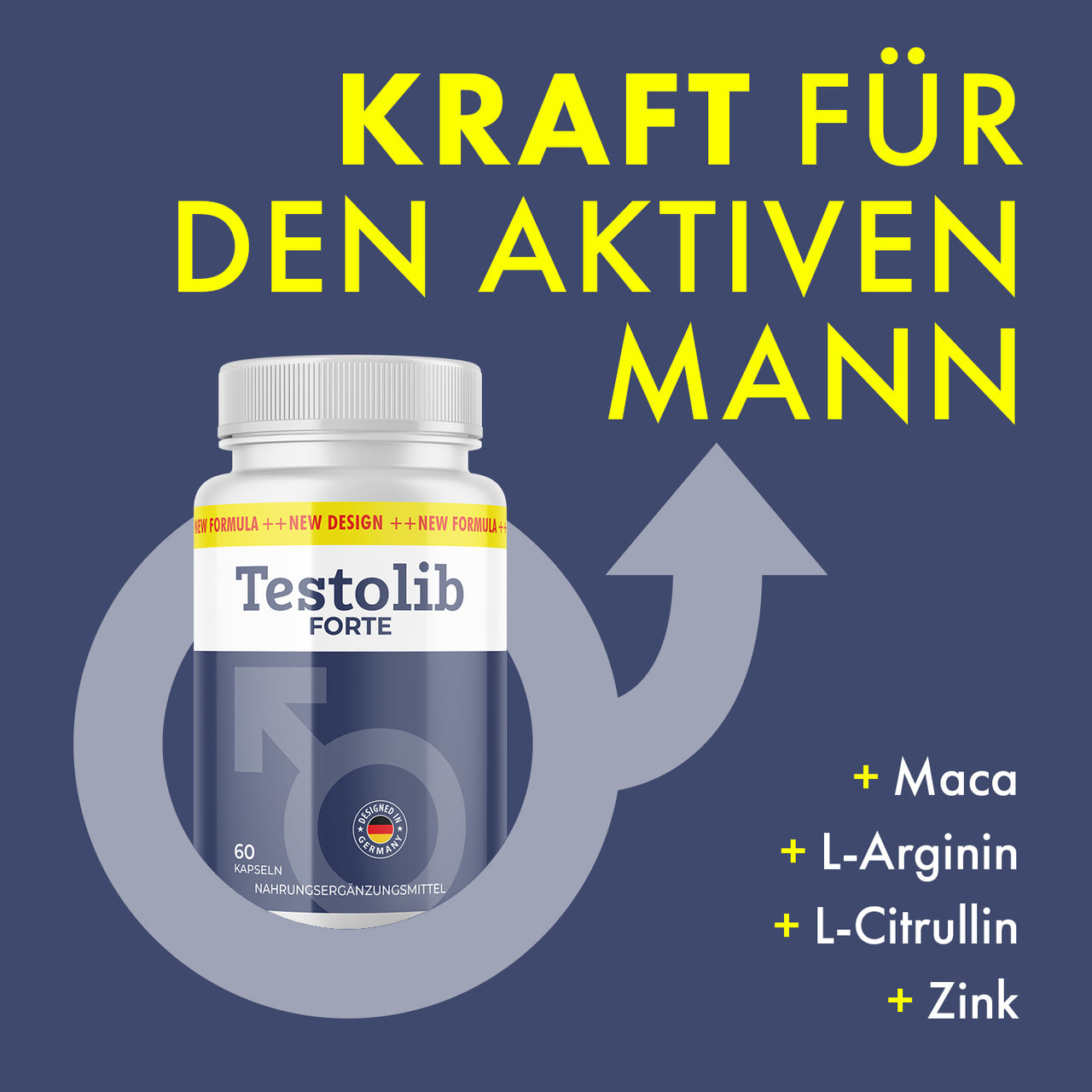Werbegrafik für Testolib Forte mit 60 Kapseln und den Zutaten Maca, L-Arginin, L-Citrullin und Zink