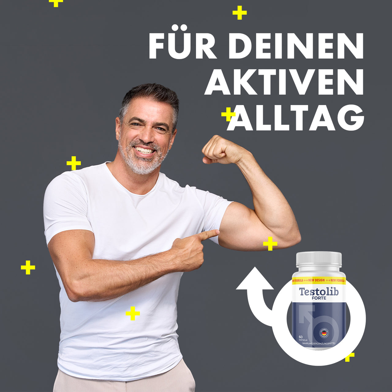 Testolib Forte neben einem Mann, der seinen Oberarm zeigt; Werbespruch „Für deinen aktiven Alltag“