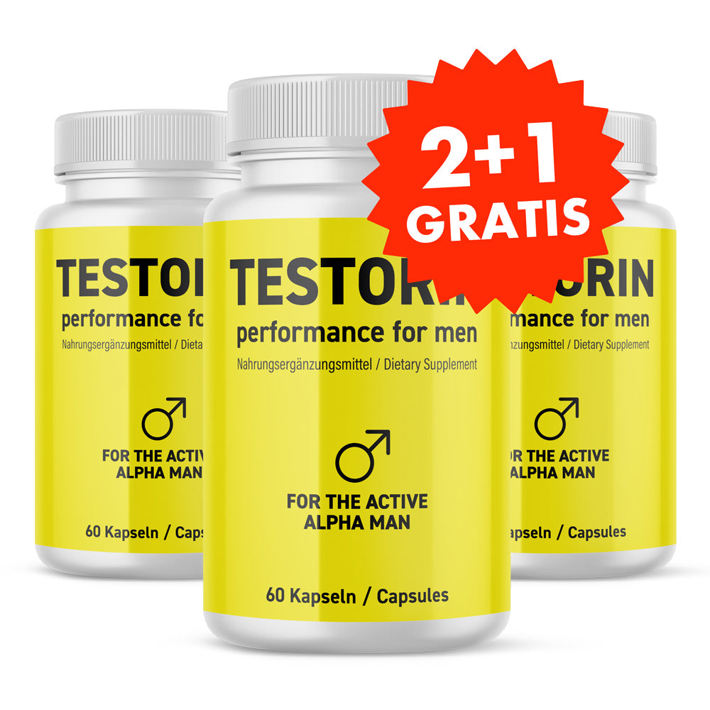Drei gelbe Kunststoffdosen mit Schrift Testorin performance for men 60 Kapseln und rotem Aufkleber 2+1 Gratis