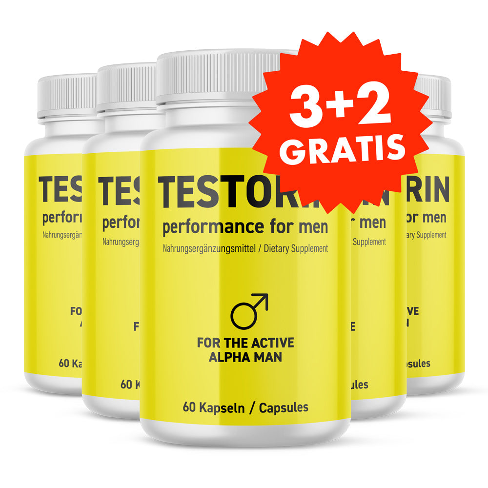 Fünf gelbe Kunststoffdosen mit Schrift Testorin performance for men 60 Kapseln und rotem Aufkleber 3+2 Gratis