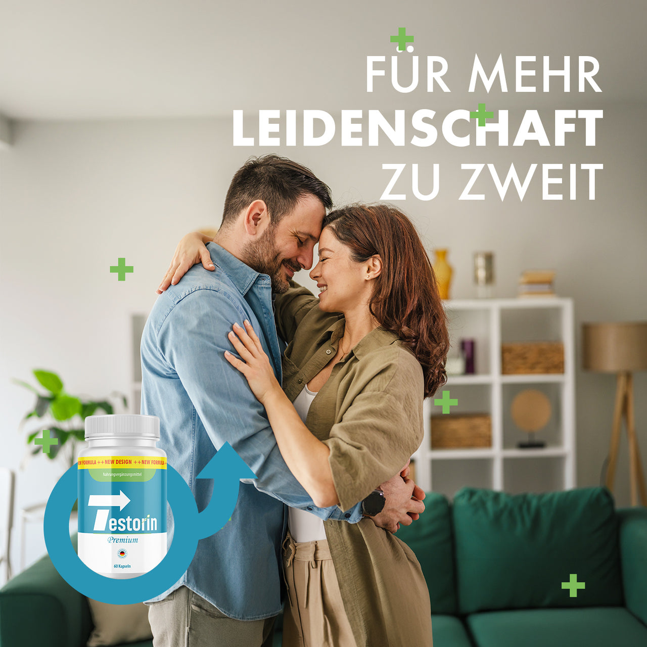 Paar umarmt sich im Wohnraum neben Testorin Premium und dem Text Für mehr Leidenschaft zu zweit