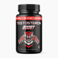 Thumbnail for Schwarze Kunststoffdose mit rotem Etikett Testosteron Boost, 60 Kapseln und Tiger mit Krallen