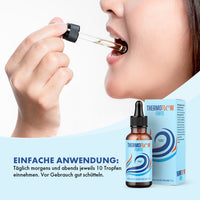 Thumbnail for Person nimmt Tropfen mit Pipette ein, daneben Thermoflow Forte Drops Flasche und Verpackung