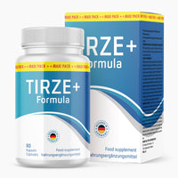 Thumbnail for Dose Tirze+ Formula mit blau-weißem Etikett, 90 Kapseln und blauer Produktverpackung dahinter