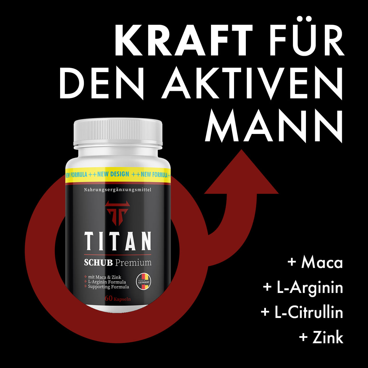 Titan Schub Premium Nahrungsergänzung als Produktabbildung mit Pfeilsymbol und Slogan für aktiven Mann