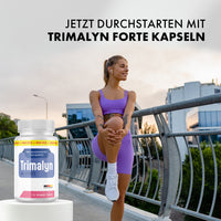 Thumbnail for Sportliche Frau beim Dehnen neben Trimalyn Forte Kapseln und dem Werbetext „Jetzt durchstarten“ 