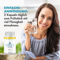 Thumbnail for Frau hält ein Glas Wasser, daneben Triple G Formula Dose und sichtbarer Einnahmehinweis im Bild