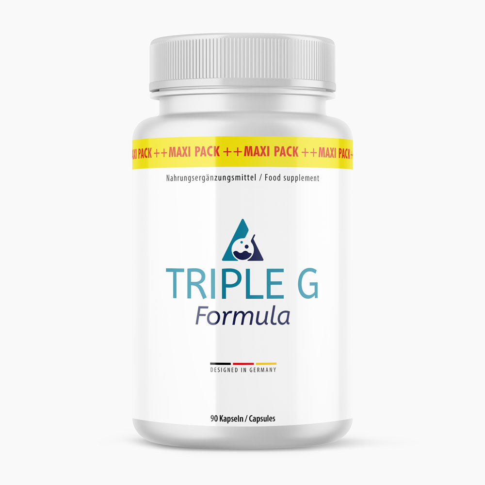 Weiße Dose Triple G Formula mit gelbem Maxi-Pack-Banner und Angabe 90 Kapseln auf hellem Grund