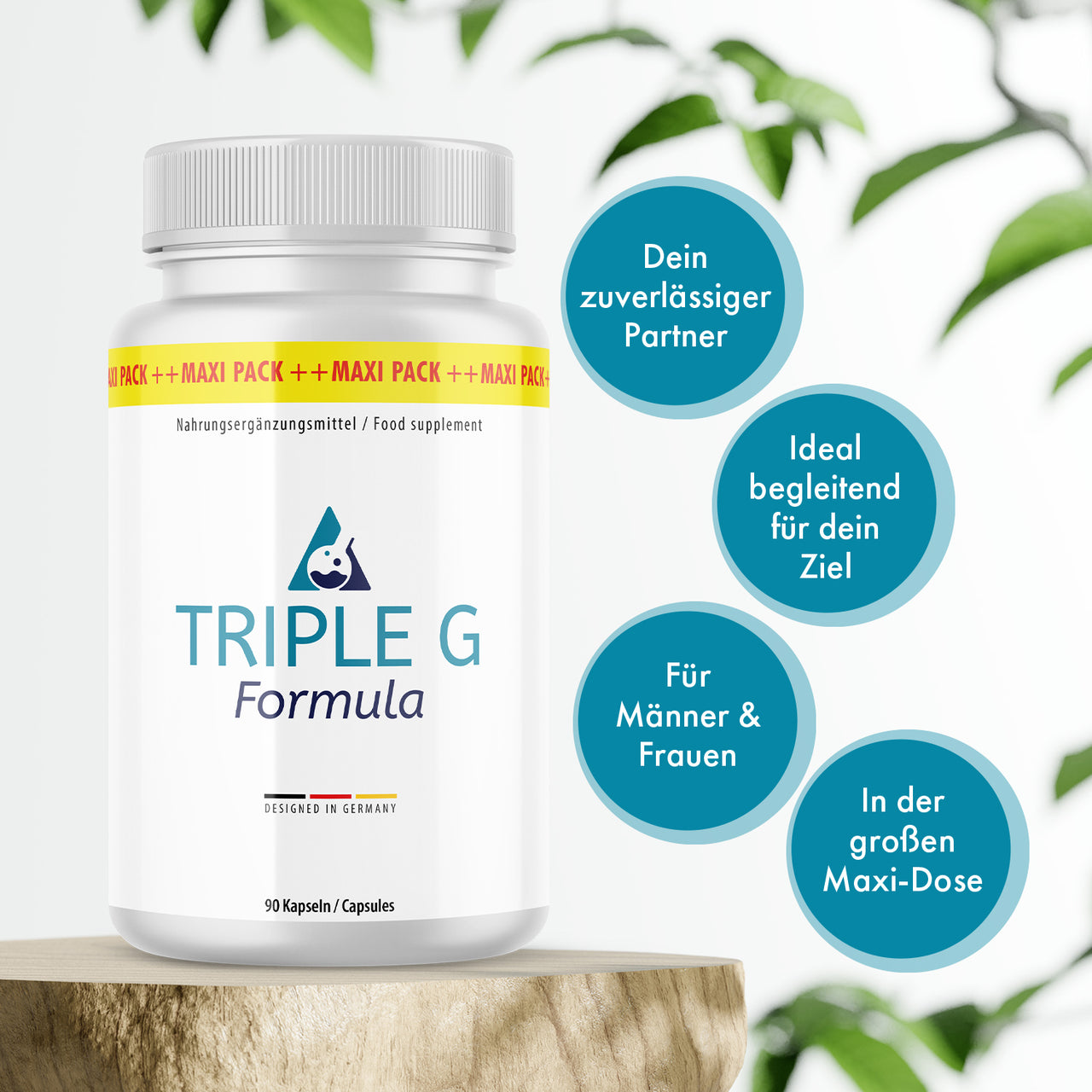Dose Triple G Formula auf Holzpodest mit blauen Infokreisen und grünen Blättern im Hintergrund