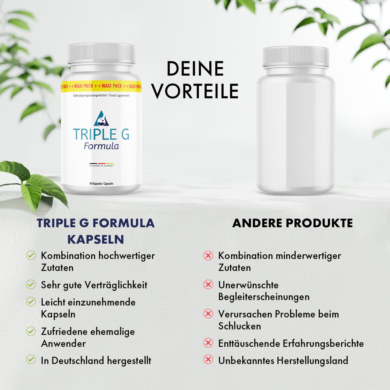 Triple G Formula Dose wird anderer Dose gegenübergestellt, mit Vorteilen und Nachteilen im Bild