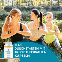 Thumbnail for Drei Frauen trainieren draußen, daneben Triple G Formula Dose und Text zum Durchstarten mit Kapsel