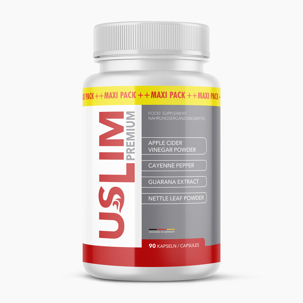 Dose mit Aufdruck USLIM Premium, graues Etikett und roter Schriftzug, 90 Kapseln