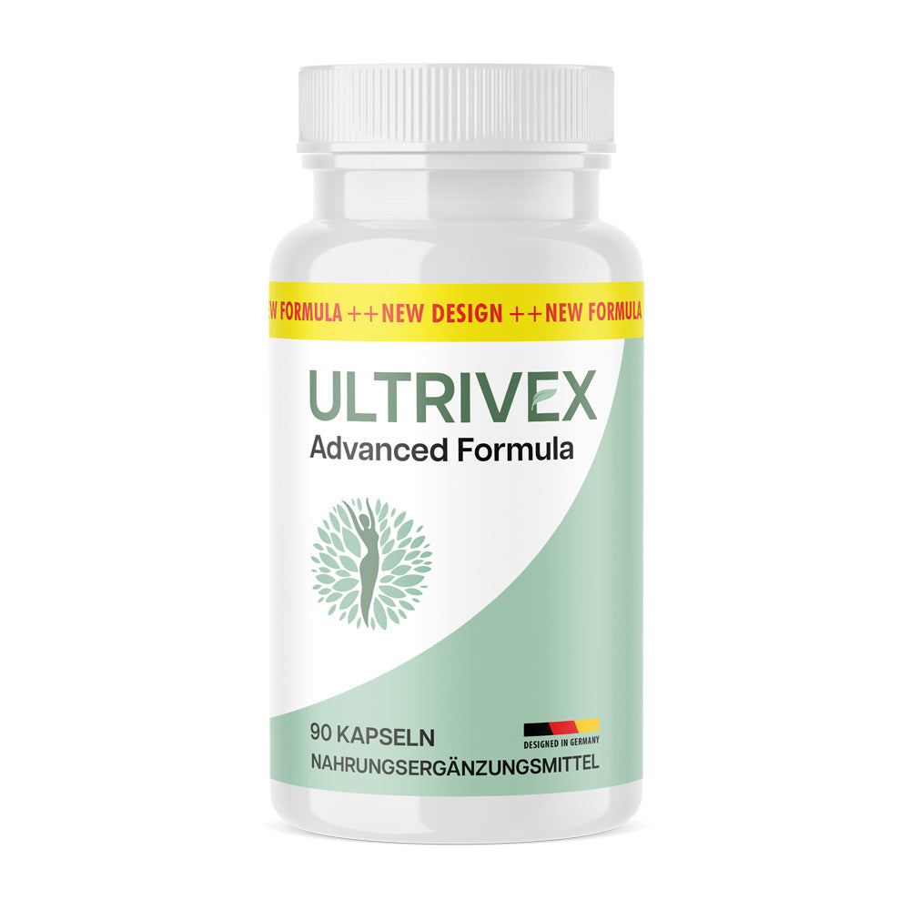 Nahrungsergänzungsmittel Ultrivex Advanced Formula in weißer Dose mit hellgrünem Etikett und 90 Kapseln