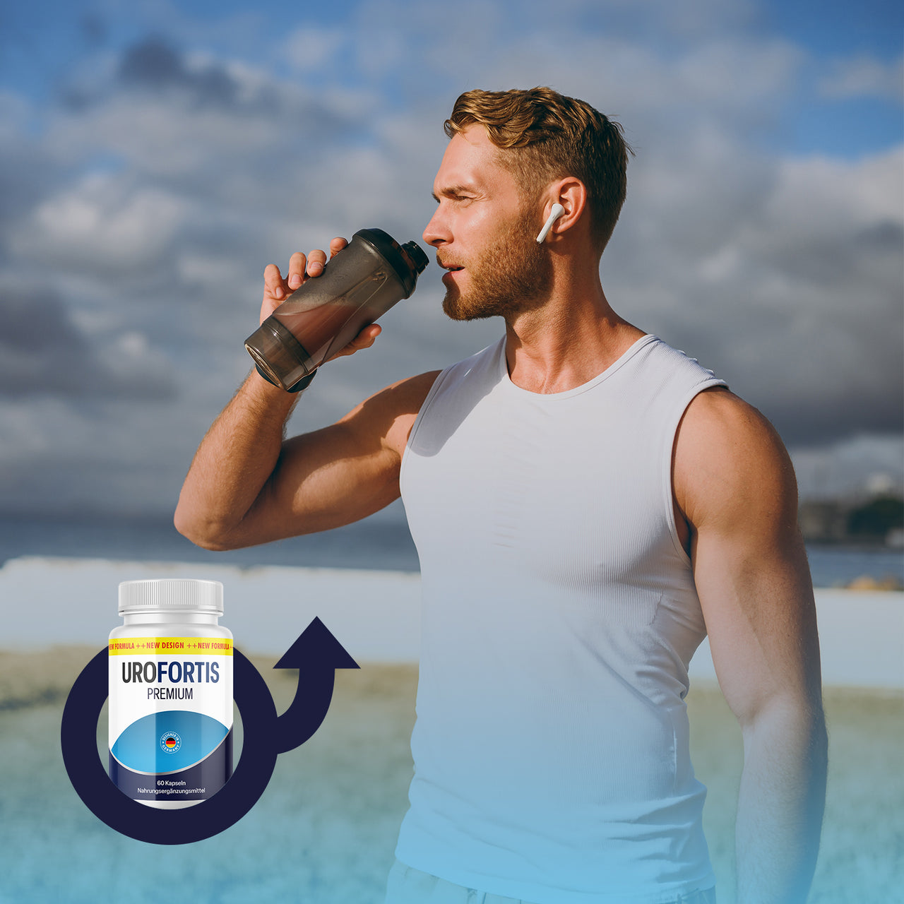 Mann im weißen Sportshirt trinkt aus einem Shaker, daneben Dose Uro Fortis Premium mit Pfeil
