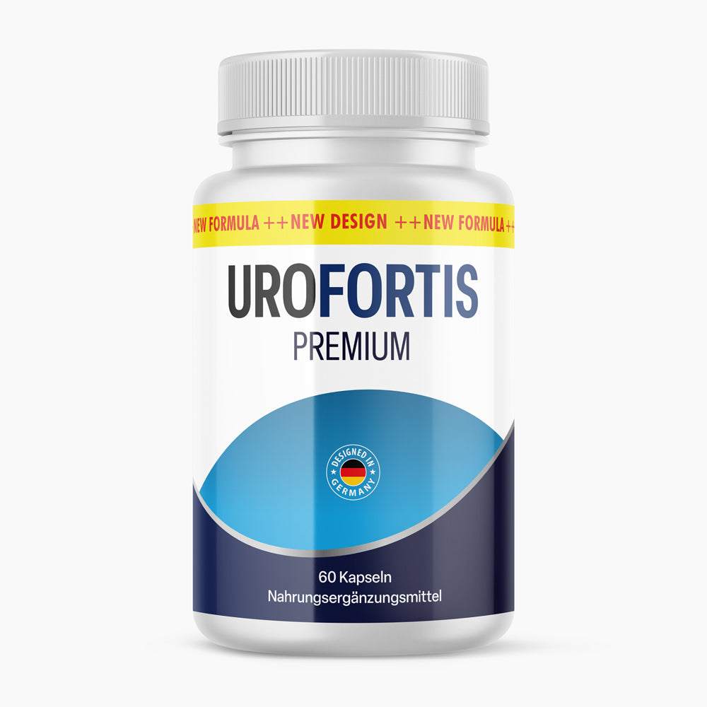 Uro Fortis Premium Dose mit 60 Kapseln und Kennzeichnung als Nahrungsergänzungsmittel 