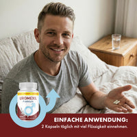 Thumbnail for Grafik mit Mann im Bett, Uromexil Premium Dose und Text Einfache Anwendung mit 2 Kapseln