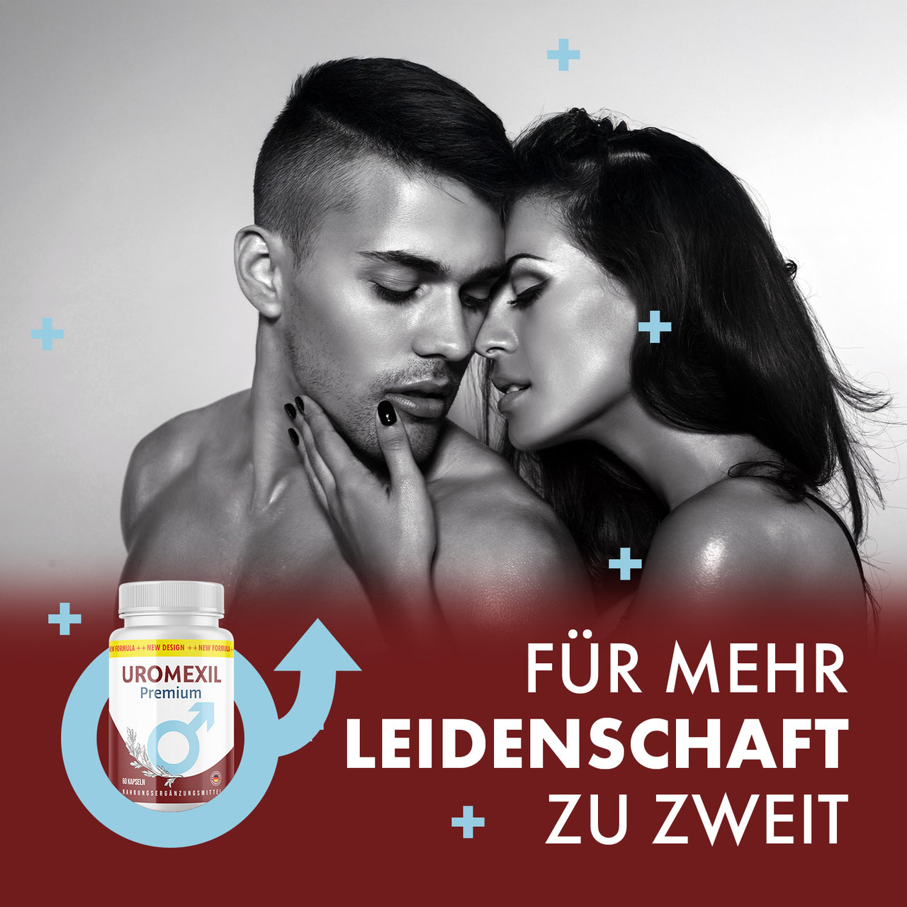 Grafik mit Paar in Schwarzweiß, Uromexil Premium Dose und Schrift Für mehr Leidenschaft zu zweit