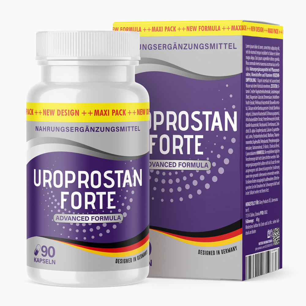 Dose und Verpackung UROPROSTAN FORTE Advanced Formula Nahrungsergänzungsmittel mit 90 Kapseln