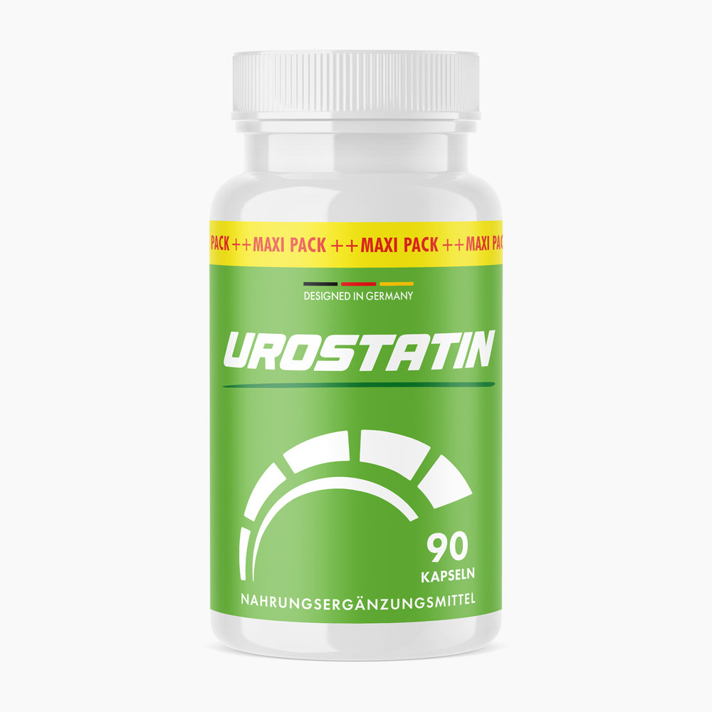 Dose mit grünem Etikett und weißem Schriftzug Urostatin sowie Symbolgrafik und 90 Kapseln
