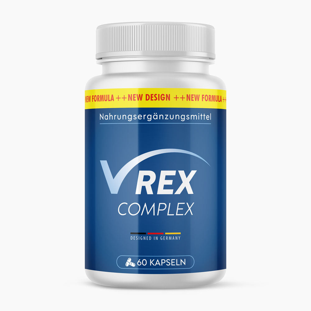 Dose V-Rex Complex mit blauem Etikett, 60 Kapseln und sichtbarem Hinweis Designed in Germany