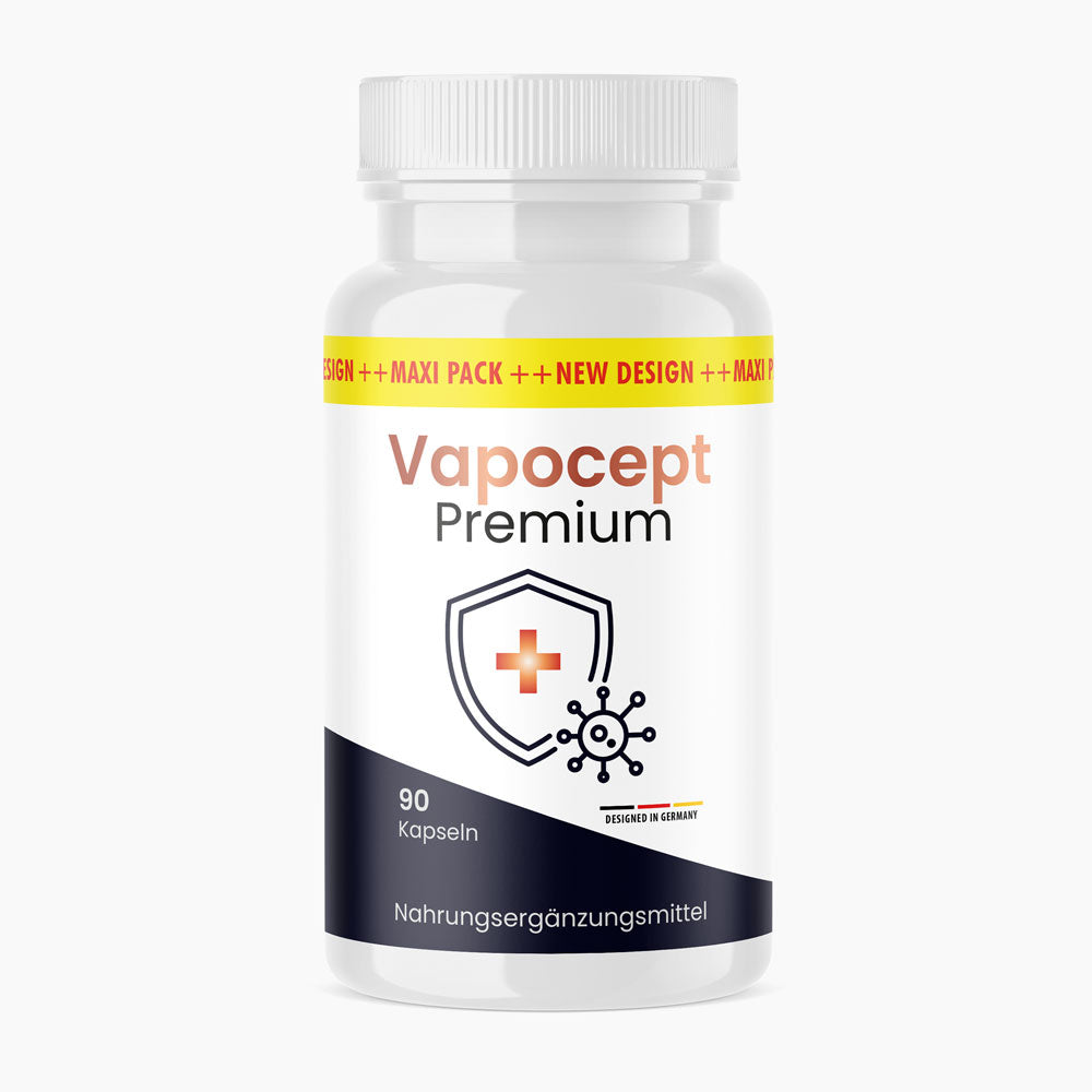 Vapocept Premium Nahrungsergänzungsmittel in einer Dose mit 90 Kapseln auf weißem Hintergrund