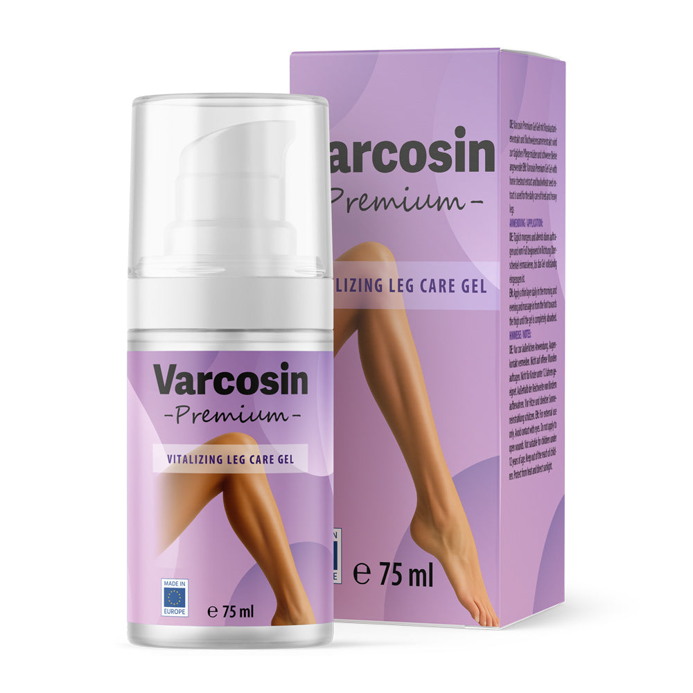 Flasche mit Pumpspender und Etikett Varcosin Premium 75 ml vor passender Faltschachtel mit Beinabbildung