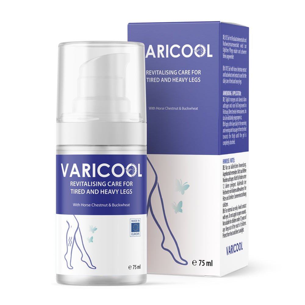 Weiß-blaue Flasche mit Pumpspender und Schrift VARICOOL 75 ml vor passender Verpackung mit Bein-Illustration