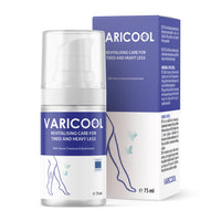 Thumbnail for Weiß-blaue Flasche mit Pumpspender und Schrift VARICOOL 75 ml vor passender Verpackung mit Bein-Illustration