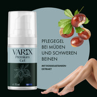 Thumbnail for Varix Premium Gel im Pumpspender mit Kastanien, Beinen und sichtbarem Werbetext zum Pflegegel