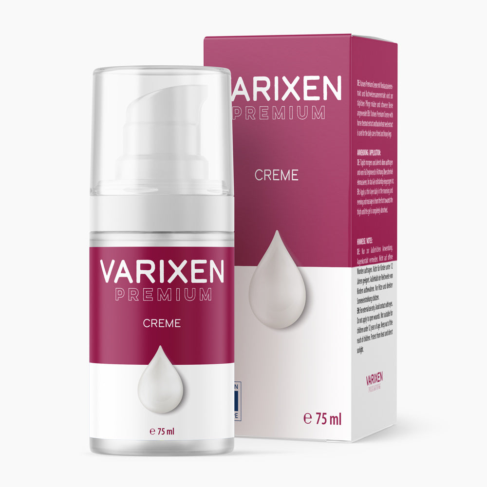 Verpackung und Pumpspender Varixen Premium Creme 75 ml mit rotem Etikett