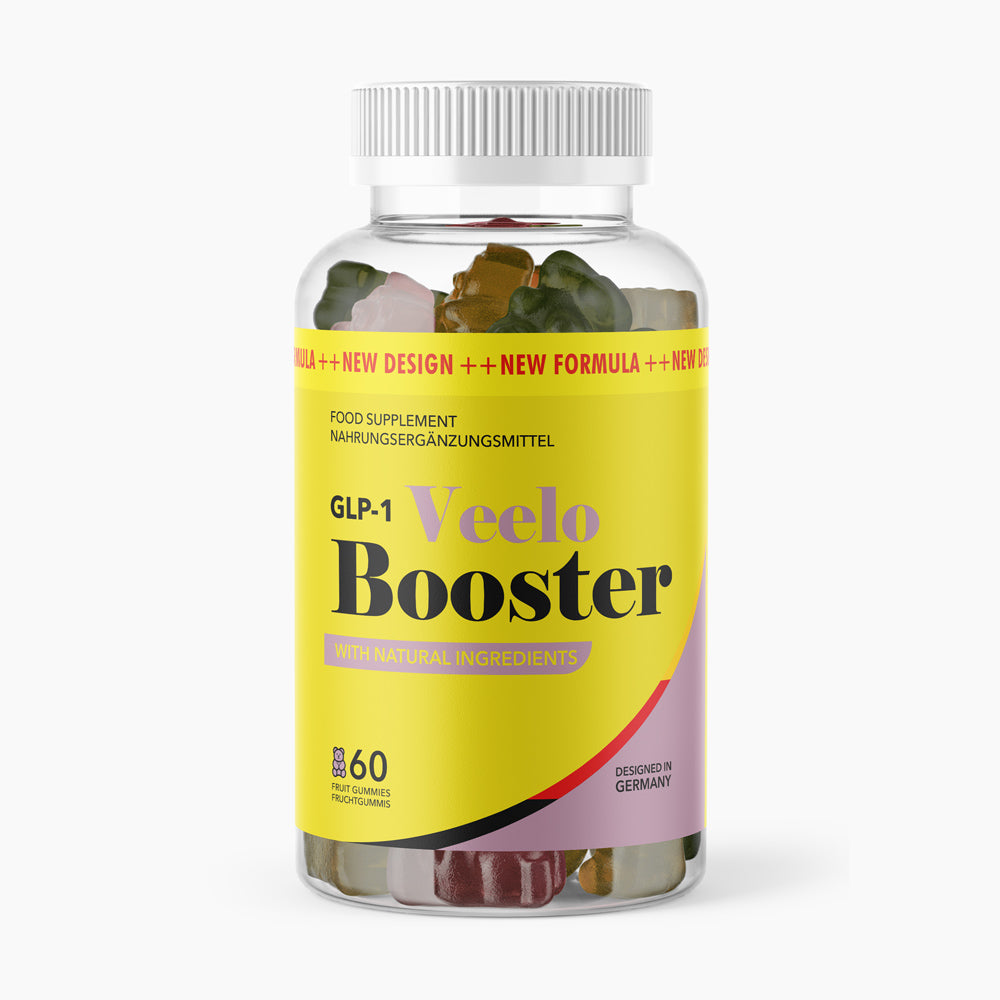 GLP-1 Veelo Booster Fruchtgummis in transparenter Dose mit gelbem Etikett