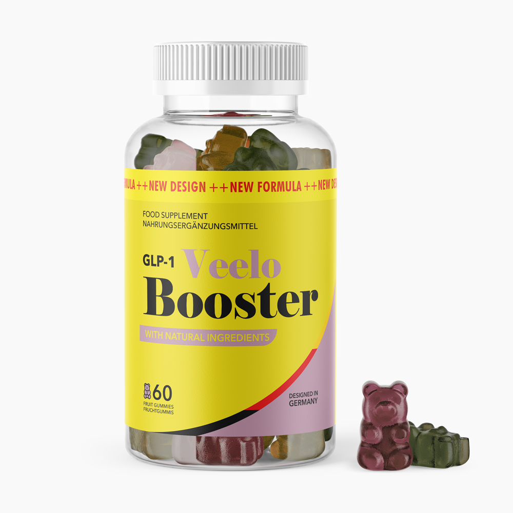 GLP-1 Veelo Booster Fruchtgummis in transparenter Dose mit gelbem Etikett