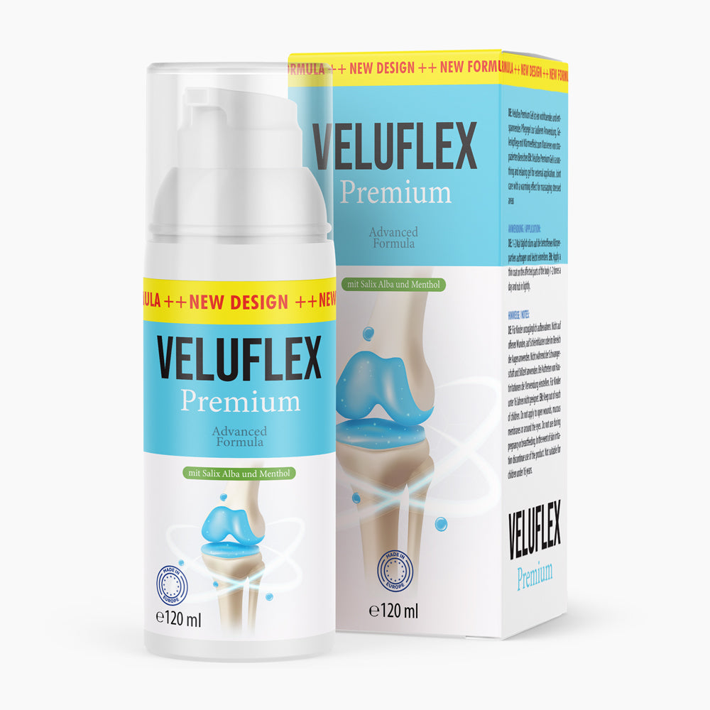 Veluflex Premium Gelenkgel 120 ml Pumpflasche mit Verpackung und Gelenkabbildung, mit Salix Alba und Menthol