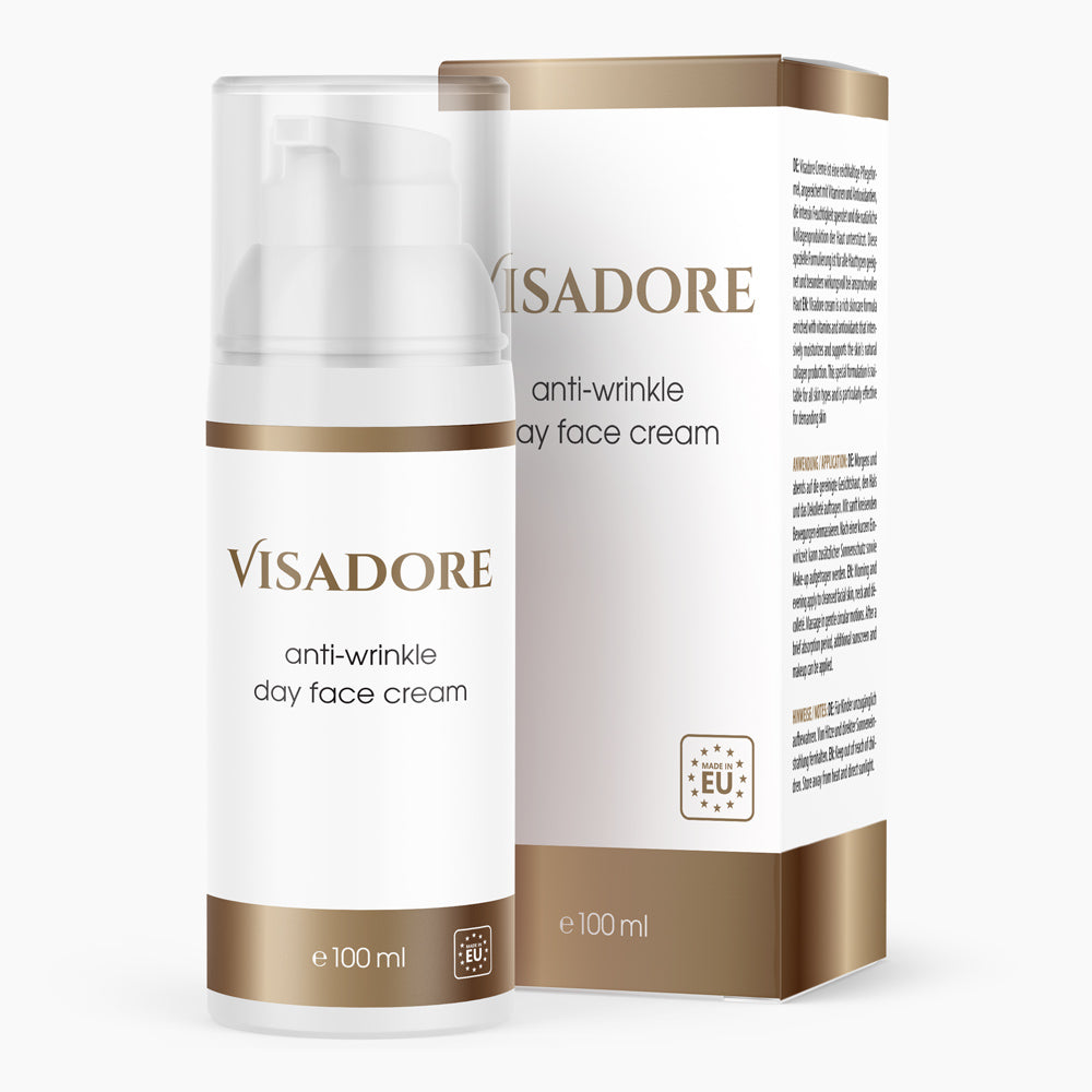 Weiße Flasche mit Pumpspender Visadore day face cream 100 ml vor passender goldweißer Faltschachtel