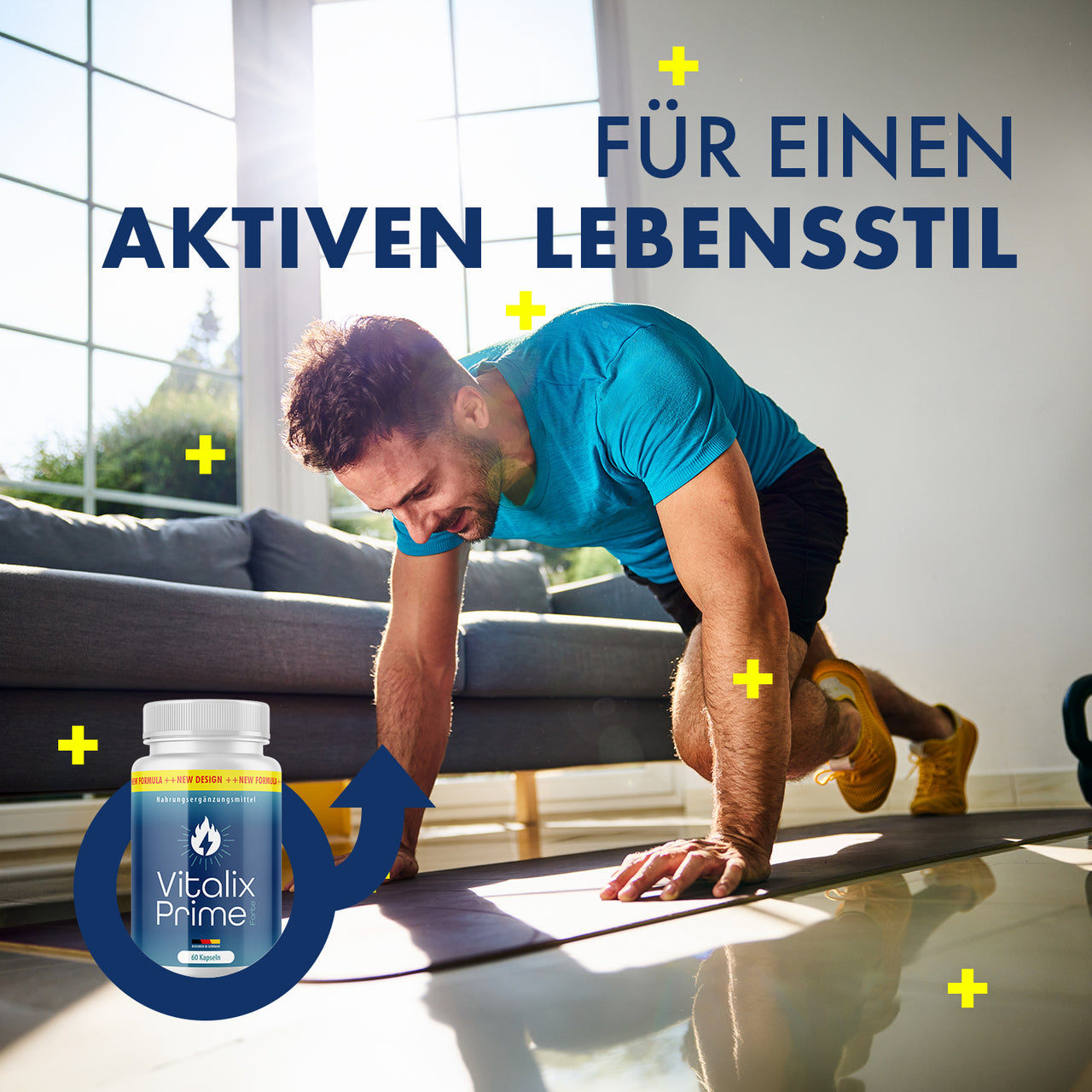 Vitalix Prime Forte Grafik mit Mann beim Training zuhause und Hinweis für aktiven Lebensstil