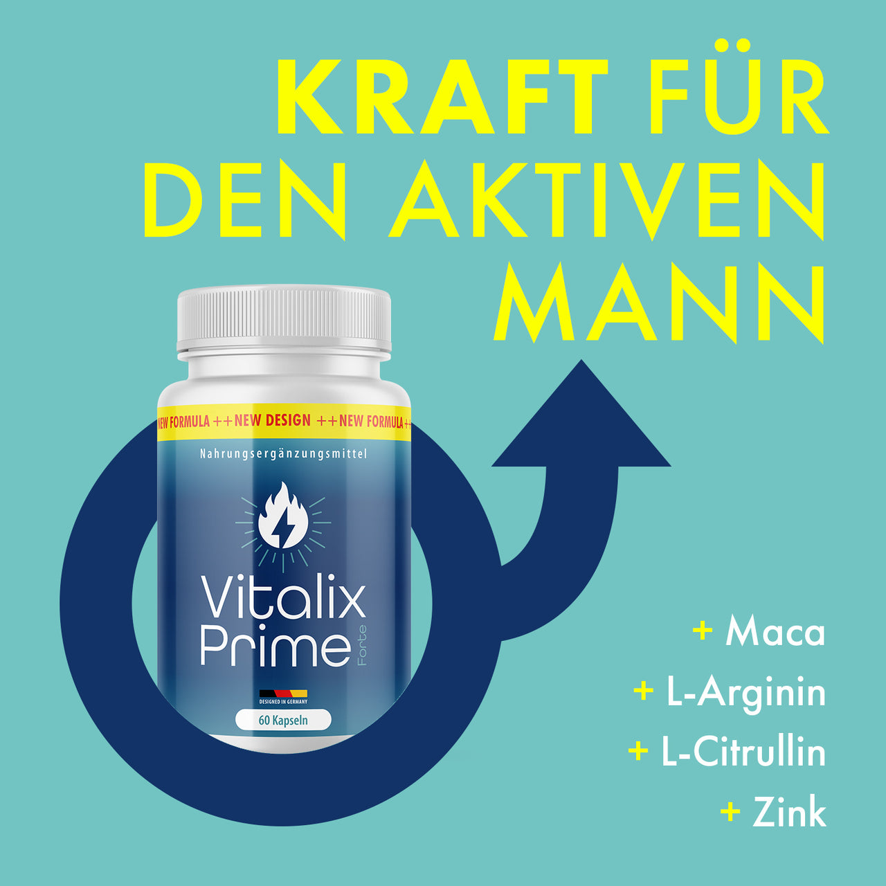 Vitalix Prime Forte Dose vor männlichem Symbol mit Text Kraft für den aktiven Mann auf Türkis