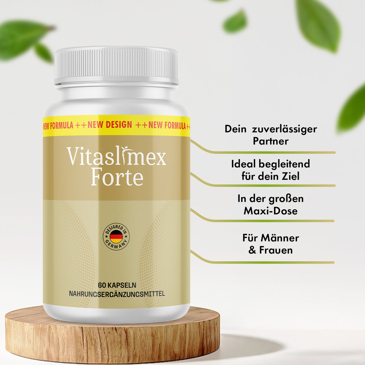 Vitaslimex Forte Dose mit 60 Kapseln auf Holzpodest, daneben vier sichtbare Produktmerkmale