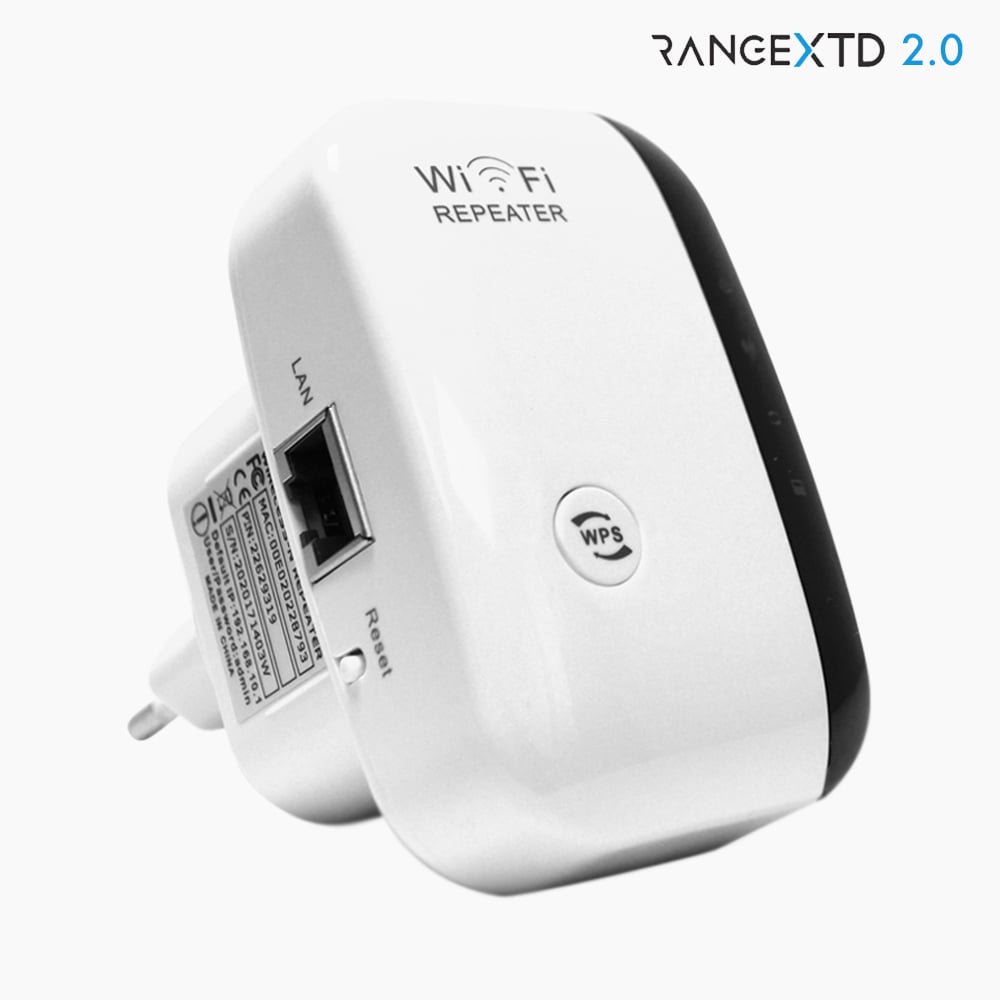Weißer WLAN-Repeater mit seitlichem LAN-Anschluss, WPS-Taste und sichtbarem Steckerteil
