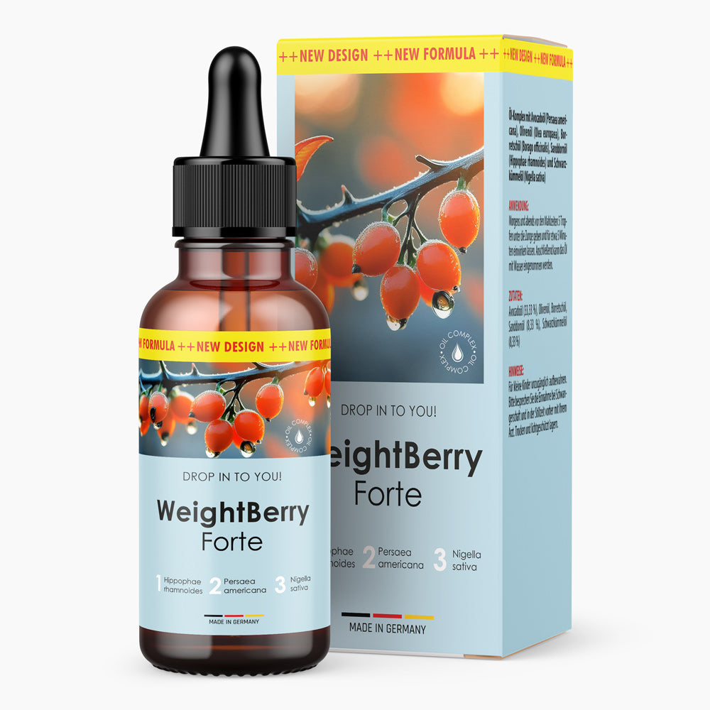 Braune Flasche mit Pipette und Etikett WeightBerry Forte vor passender Faltschachtel